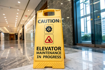A bright yellow caution sign indicating elevator maintenance in progress, placed in a modern hallway with glass doors and marble flooring.