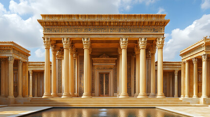 Obraz premium Ancient temple, sunny day, reflecting pool, historical architecture, travel photography