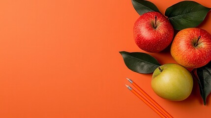 A stylish flat lay of creative stationery items arranged artistically on a bold, colorful background. High Quality