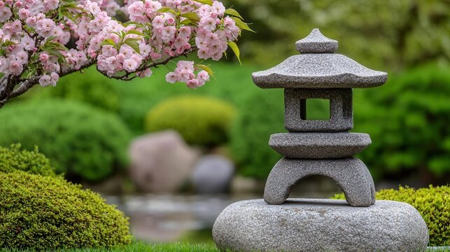 A tranquil Japanese garden scene with a stone lantern, koi pond, and cherry blossoms in full bloom. High Quality