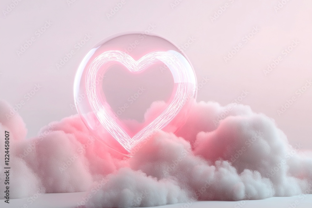 Poster a translucent bubble contains a glowing neon heart, gently floating above soft, fluffy clouds. glowi