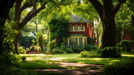 Obraz premium Cozy red brick house surrounded by lush green trees in a peaceful tranquil countryside landscape Charming residential property with a rustic pastoral ambiance