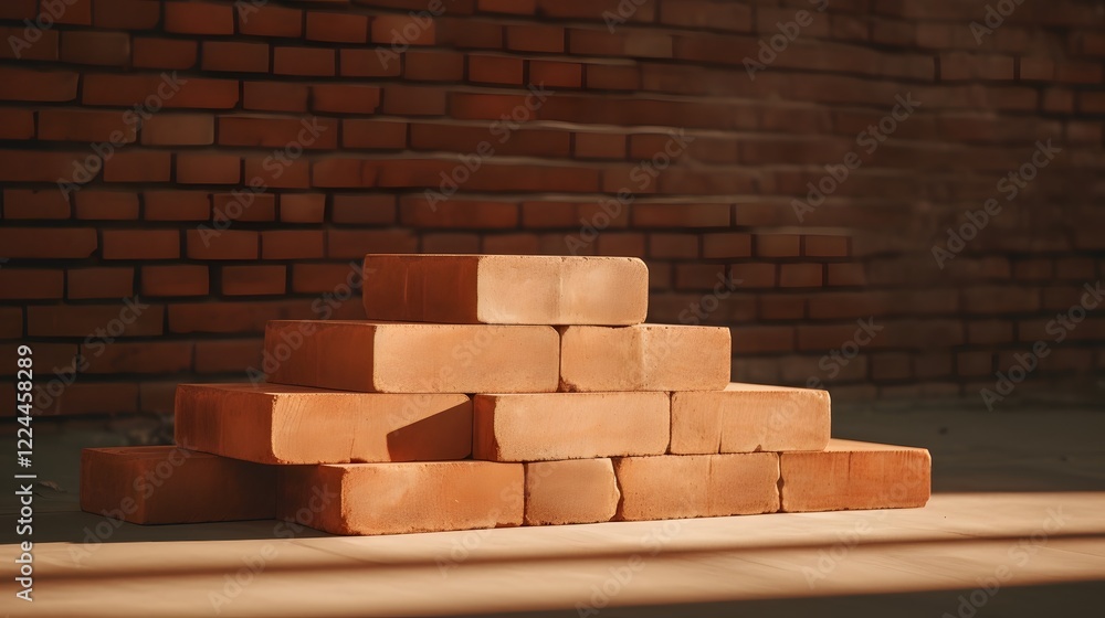 Poster impressive arrangement of stacked bricks casting long dramatic shadows under the warm glow of natura
