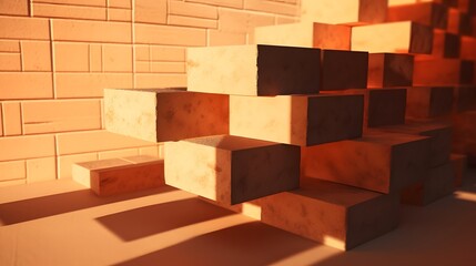 Stacked bricks casting long shadows in warm sunlight creating an abstract architectural composition with geometric patterns and minimalist design