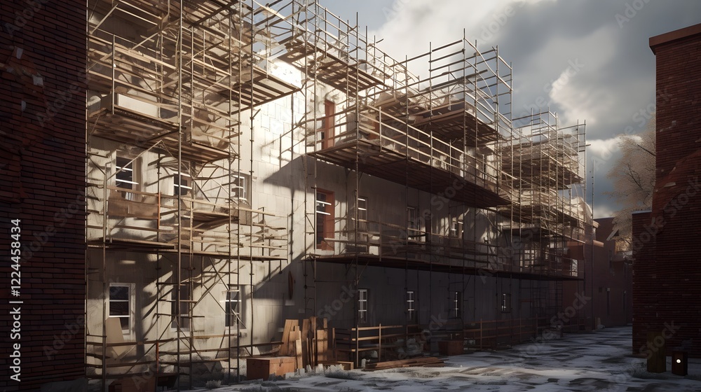 Poster ongoing construction project featuring scaffolding structures and brick walls at the building site r