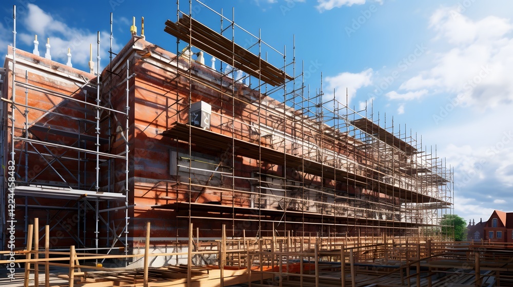 Poster ongoing construction project with scaffolding and brick walls new building development infrastructur