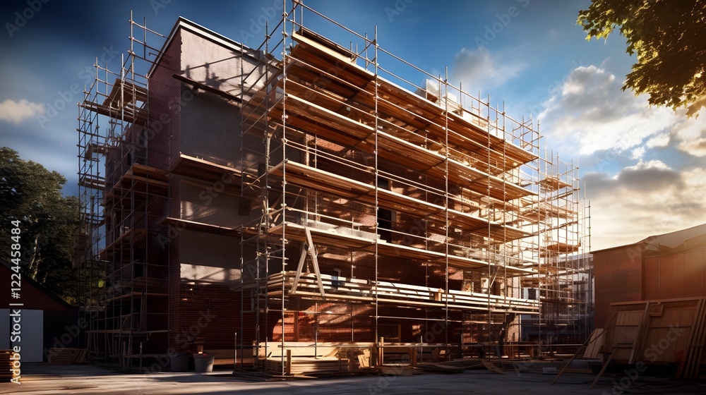 Poster a new construction project featuring scaffolding and brick walls in a 16 9 landscape orientation the
