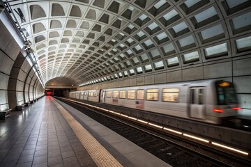 Blurred Motion of Subway Train Entering Station Platform, Modern Architecture