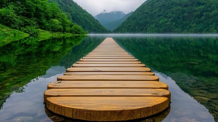 Obraz premium A tranquil scene of a wooden dock extending into a calm mountain lake, with mist hanging over the water. High Quality