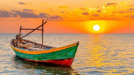 Fototapeta premium A tranquil sunset over a calm sea, with a small fishing boat silhouetted against the horizon. High Quality