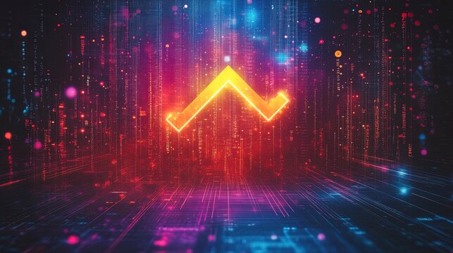 Abstract neon upward arrow in vibrant colors, symbolizing modern growth and technology