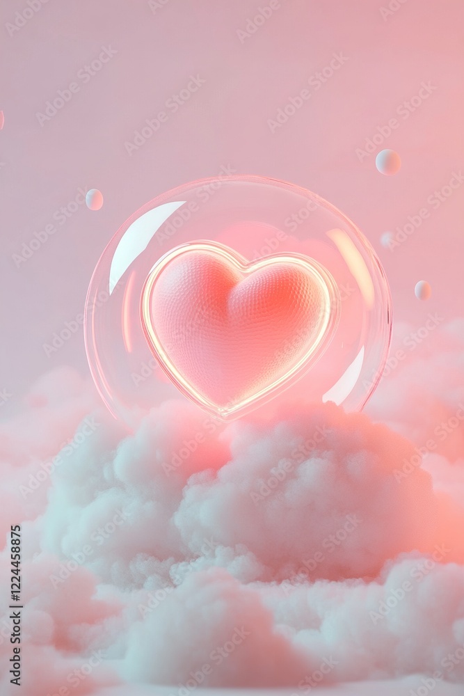 Aufkleber a glowing neon heart rests within a translucent bubble, gently floating above soft clouds filled wit