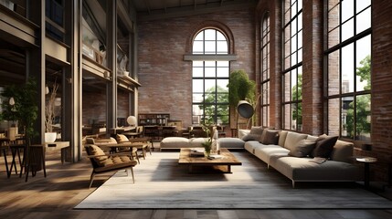 Cozy and stylish modern loft interior design featuring exposed brick walls in a 16 9 aspect The minimalist and industrial inspired space showcases a comfortable and welcoming living environment
