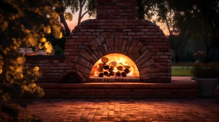 Glowing Brick Pizza Oven Casting Warm Glow for Outdoor Culinary Delights and Alfresco Entertaining