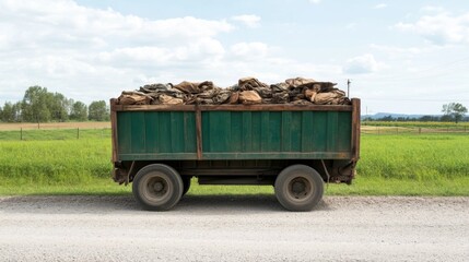 Obraz premium Green trailer full of wood in a rural setting.