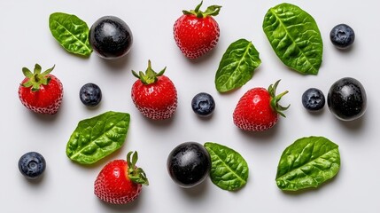 A vibrant flat lay of colorful fruits and vegetables arranged in an artistic pattern on a white background. High Quality