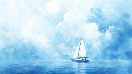 Solitary Sailboat Navigating Serene Blue Waters Under Cloudy Skies