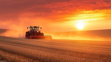 Fototapeta premium Red Tractor Working in Field at Sunset