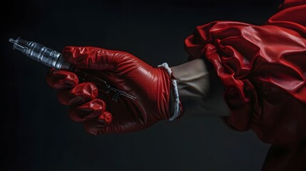 Detailed view of a hand wearing protective gloves firmly gripping a syringe filled with medication or vaccine for medical treatment healthcare intervention and disease prevention purposes