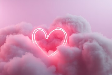 A stunning neon heart in vibrant pink and red hovers softly above fluffy 3D clouds, set against a gradient background of pink to purple, creating a dreamy and romantic ambiance