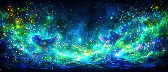 Obraz premium A dynamic underwater scene featuring glowing manta rays swimming gracefully through the water, illuminated by radiant light waves in hues of blue and green, evoking a peaceful yet majestic underwater 