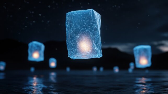 Floating Lanterns Illuminating Calm Water at Night Under Starry Sky
