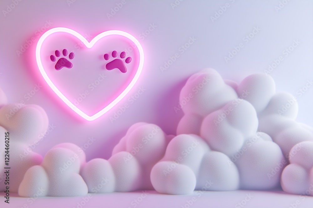 Poster a glowing neon heart featuring paw prints floats gently above fluffy clouds in a soft pastel setting