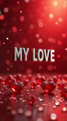 MY LOVE 3D silver text on red blurred shiny background with hearts, Valentine's day banner, love, romantic 3D wallpaper,  Love greeting card.