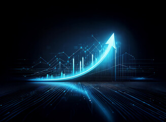 A glowing blue arrow ascends, symbolizing growth and progress within a digital, technological landscape.  Reflective surfaces and data points enhance the futuristic feel.