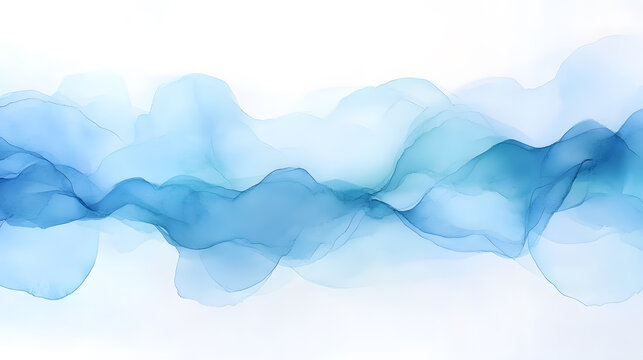 An ethereal abstract watercolor backdrop in shades of blue, blending icy pastels with rich cerulean tones. The soft brushstrokes form gentle waves and swirling patterns, evoking a sense of motion and