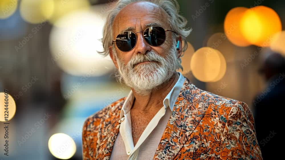 Poster man wearing a suit and sunglasses stands in front of a building. he is smiling and he is enjoying hi