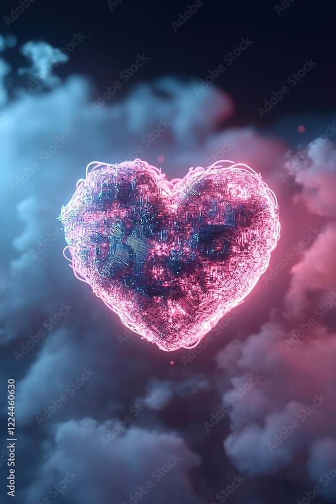 Poster glowing neon heart of interconnected circuits floats amid soft 3d clouds filled with light particles