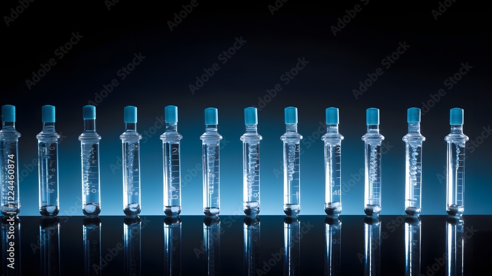 Poster an assortment of syringes and vials of different sizes lined up representing the various medical and