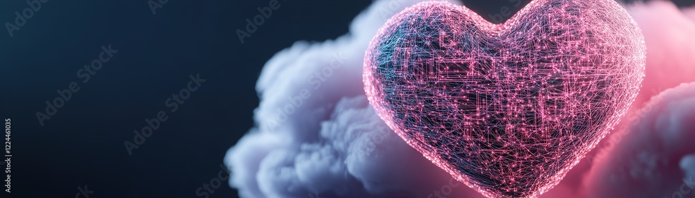 Poster this mesmerizing depiction features a glowing neon heart made of intricate circuit patterns, gently 