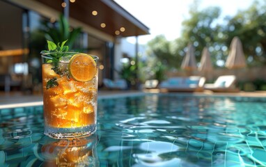 Refreshing Iced Tea by the Poolside of a Luxurious Villa on a Sunny Day