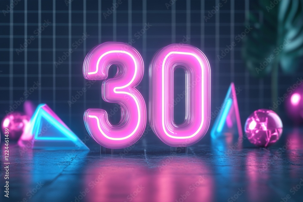Poster vibrant glowing neon number 30 surrounded by geometric shapes highlights a nostalgic theme with a da