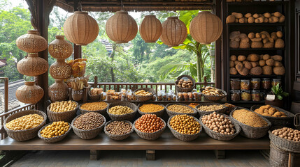 Asian market stall displays dried fruits and nuts, lush greenery backdrop, food market scene, ideal for travel blogs