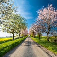 Obraz premium Scenic Spring Road – Tree-Lined Path with Fresh Green Foliage and Blooming Countryside Landscape