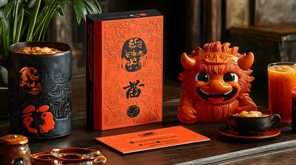 Asian tea ceremony, orange figurine, dark mug, wooden table, promotional packaging