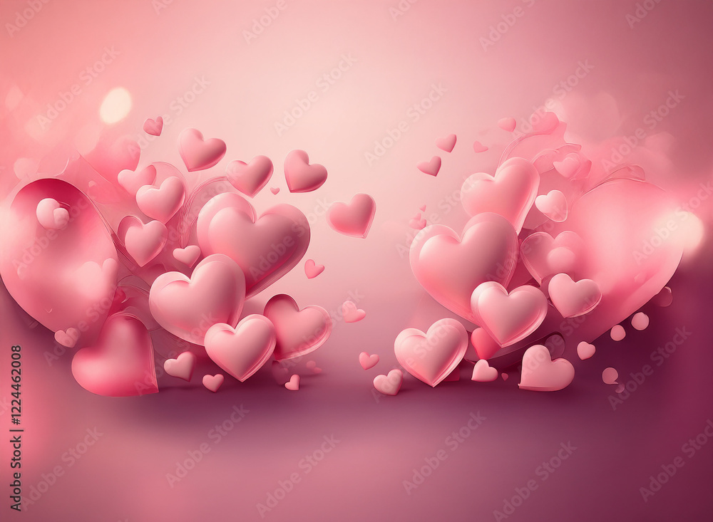 Poster a romantic image featuring many pink hearts of varying sizes, floating against a soft pink backgroun