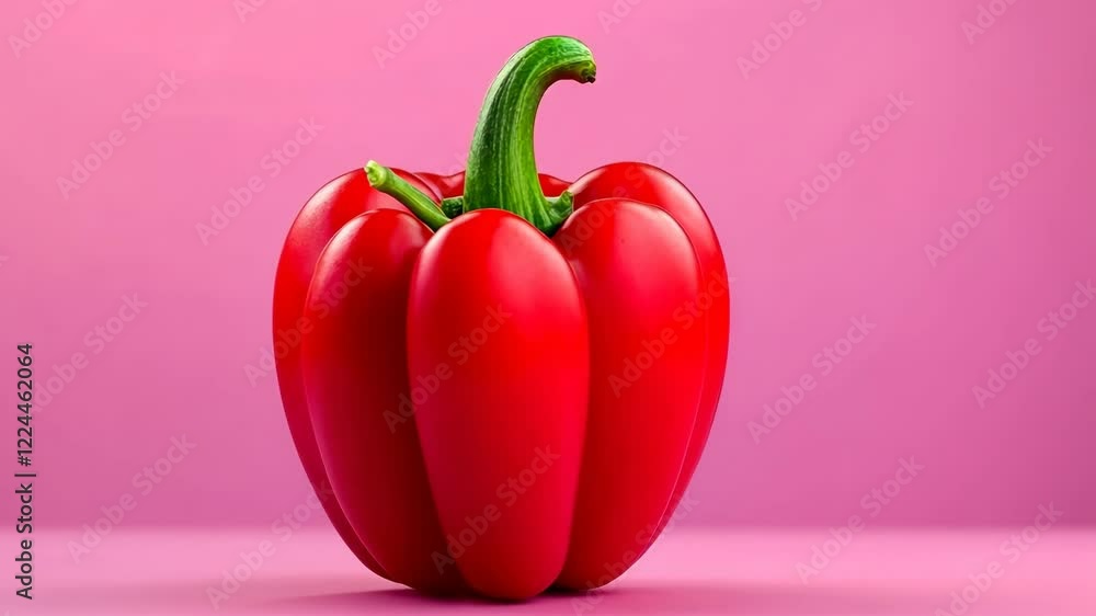 Poster red pepper sits on a pink background. the pepper is the main focus of the image, and it is the only 