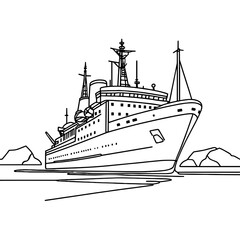 Obraz premium Arctic icebreaker, vector, black line drawing, minimalistic, single line, simple line, isolated, transparent background