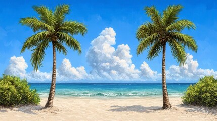 Fototapeta premium An idyllic beach scene with turquoise waters, soft white sand, and palm trees swaying gently in the breeze. High Quality
