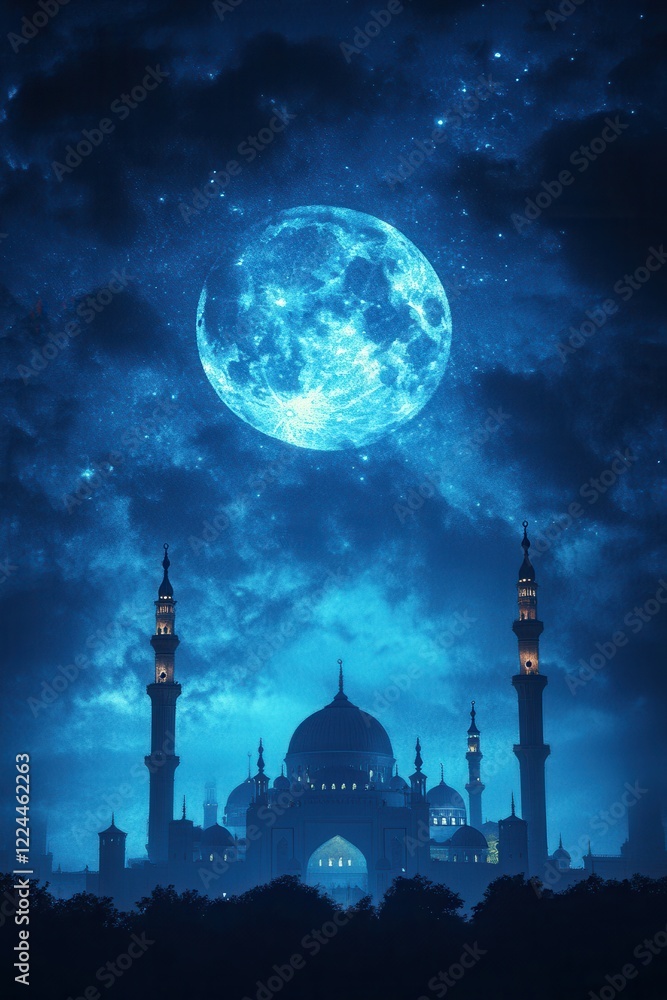 Wall mural Majestic Mosque under a Pixelated Blue Moon at Night