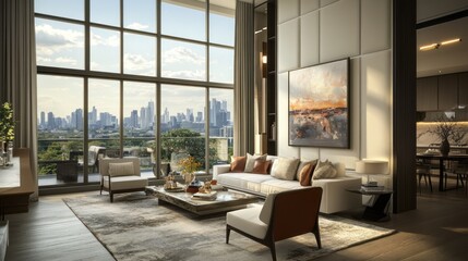 Fototapeta premium Modern and sophisticated living area with panoramic city view and stylish interior design
