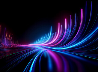 Abstract image of vibrant, glowing purple and blue light streaks forming dynamic curves on a dark background, suggesting motion and energy.  The effect resembles a futuristic highway or energy flow.