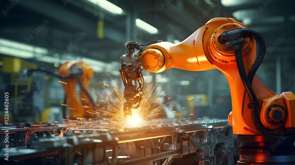Poster robotic arm meticulously assembling components in a high tech industrial factory showcasing the effi