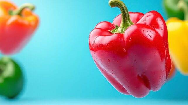 A photostock of bold and vibrant peppers floating dynamically against a soft pastel background, emphasizing their freshness and health appeal. High Quality