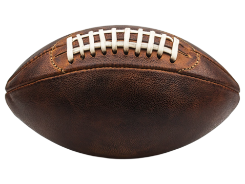 A classic American football (rugby football) isolated on white background. Showcasing its iconic brown leather surface with visible texture and stitching. PNG file
