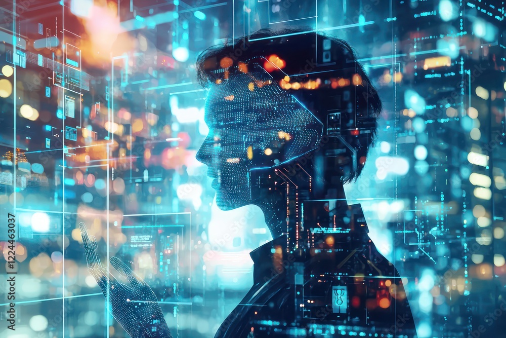 Poster complex ai interactions depicted with a human form blending into layers of futuristic technology, sh